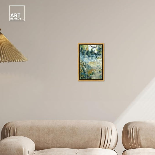 Art Remedy Green Moss Monet Garden Green Abstract Canvas Wall Art, Gold Floater Frame, 10"x15"