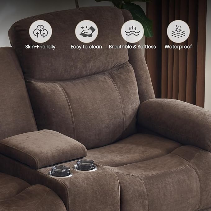Recliner Sofa, Reclining Loveseat Sofa with Massage & Heat, Reclining Couch with Side Pockets, Extra Storage, Cup Holders for Living Room