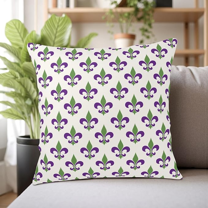 Mardi Gras Throw Pillow Covers 24x24 Set of 2 Purple Green Fleur De Lis Pillow Cases Outdoor Holiday Decorative Pillow Covers Home Sofa Couch Porch Decor