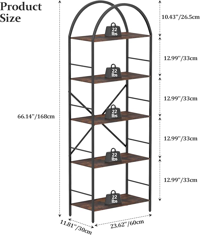 Arched Tall Bookshelf, 5 Tier Narrow Bookcase, Display Stand Book Shelf, Wide Bookshelves with 4 Hooks for Living Room, Home Office, Black and Brown
