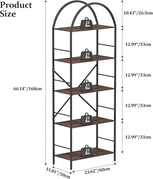 Arched Tall Bookshelf, 5 Tier Narrow Bookcase, Display Stand Book Shelf, Wide Bookshelves with 4 Hooks for Living Room, Home Office, Black and Brown