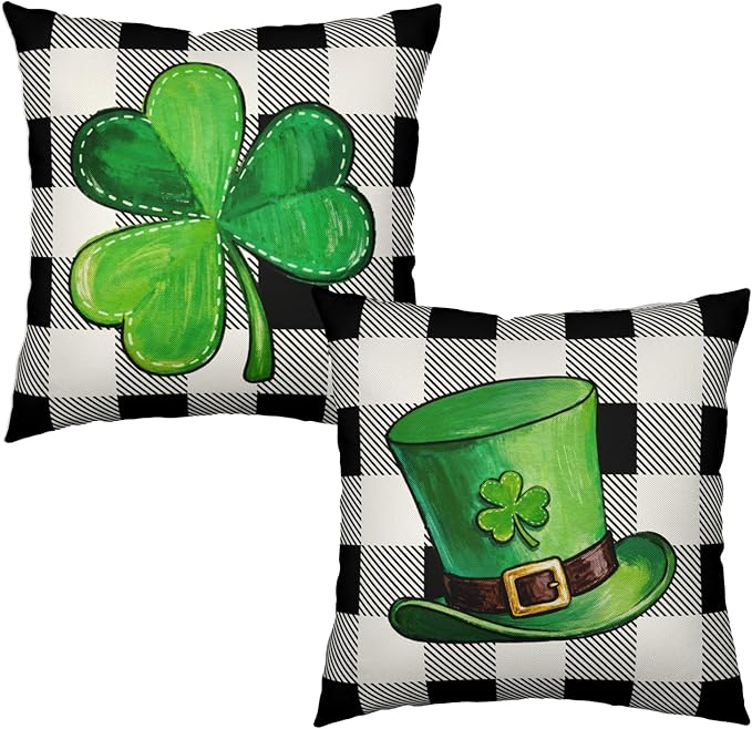 Green Shamrock Hat St Patricks Day Throw Pillow Covers 22x22 Set of 2 Buffalo Plaid Lucky Clovers Decorative Pillowcases St Patrick Outdoor Spring Cushion Covers for Couch Sofa Porch Decor