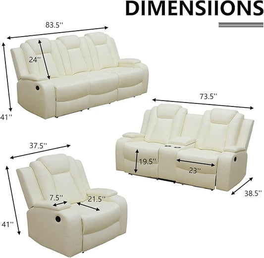 Power Recliner Sofa Set for Living Room, Breathing Leather Reclining Sofa Set with LED/USB Port/Cup Holders/Storage, 3 Piece Living Room Furniture Home Theater Seating Couches (Cream White)