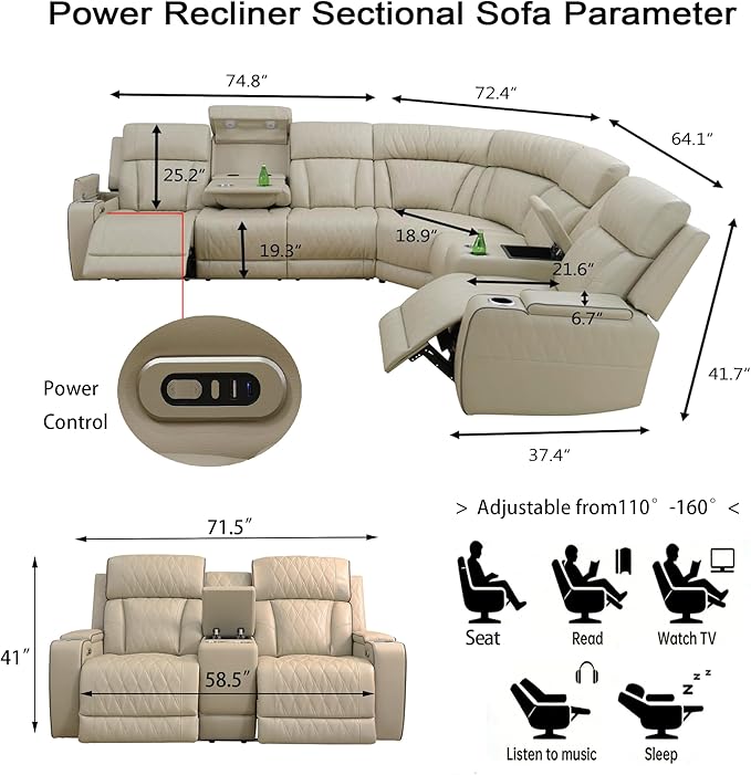 Power Reclining Sofa Set with LED Light, Living Room Furiture Set,Leather Reclining Sectional Couch with USB Port/Cup Holder for Living Room Home Office
