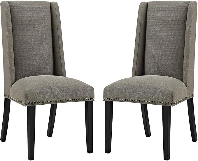 Modway Baron Modern Tall Back Wood Upholstered Fabric Two Dining Chairs in Granite