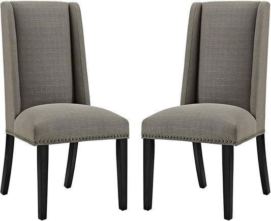 Modway Baron Modern Tall Back Wood Upholstered Fabric Two Dining Chairs in Granite