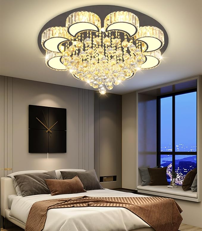 31.4'' Black Modern Crystal Chandeliers for Dining Room LED Dimmable Light Fixtures Flush Mount Light Living Room Bedrooms