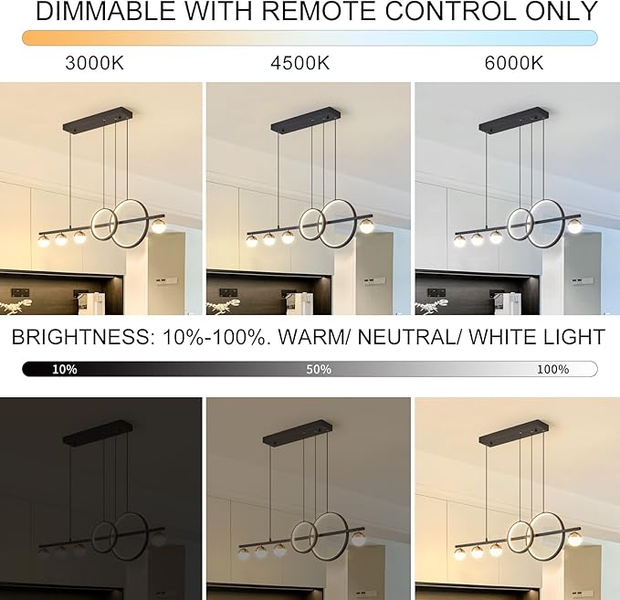 Modern Black Gold Chandeliers for Dining Room, Dimmable LED Chandelier Linear Pendant Light for Kitchen Island, 39in Globe Haning Pendant Chandelier Lighitng with Remote (2 Rings, 3000lm)