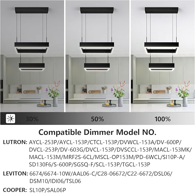 Modern 2 Ring Dimmable Square Black Chandelier with Adjustable Pendant for Dining, Bedroom, Living Room