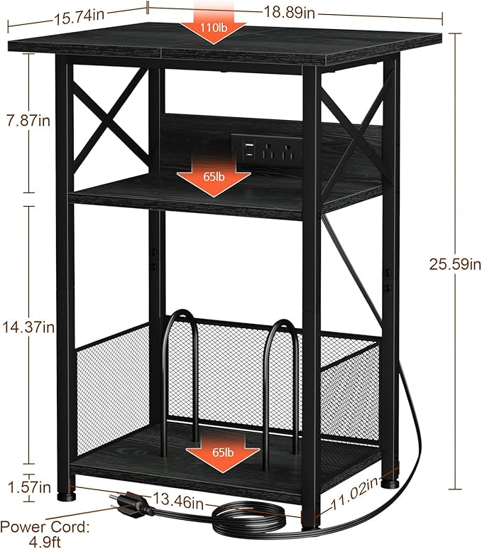 AMHANCIBLE Record Player Stand with Charging Station, Large Turntable Stand with Storage Cabinet, 3 Tier End Table Hold Up to 100 Albums, Record Stand for Vinyl, Living Room, Black, HETCD012BK-1