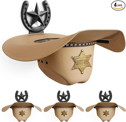 Cowboy Hat Holder Wall Mount for Wide Brim Hats Rustic Horseshoe Hooks with Texas Star Metal Hat Hanger Organizer for Closet Horse Trailer Entryway Bedroom Barn Farmhouse Western Decor, 4 Pack, Black