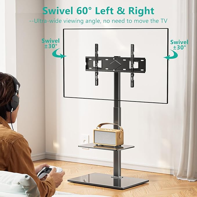 WALI TV Floor Stand for 32-70inch TVs up to 88lbs, Universal Floor TV Stand Mount, Swivel and Height Adjustable Tall TV Stand with Tempered Glass Base and Shelf for Living Room,Bedroom,Office(TVDVD-6)