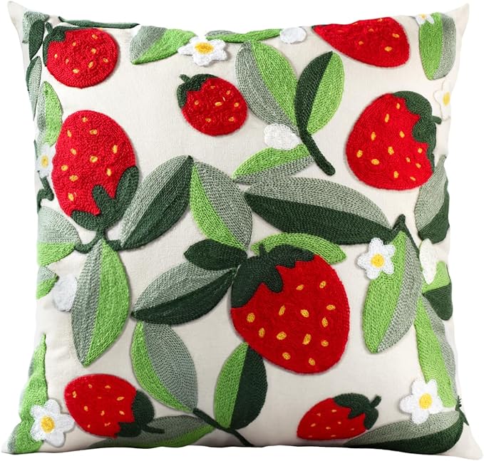 Embroidered Throw Pillow Cover - 20x20 Decorative Pillow Cover with Zipper Aesthetic Cute Design Boho Spring Summer Throw Pillowcase for Living Room Couch Sofa Bed, Leaf Strawberry