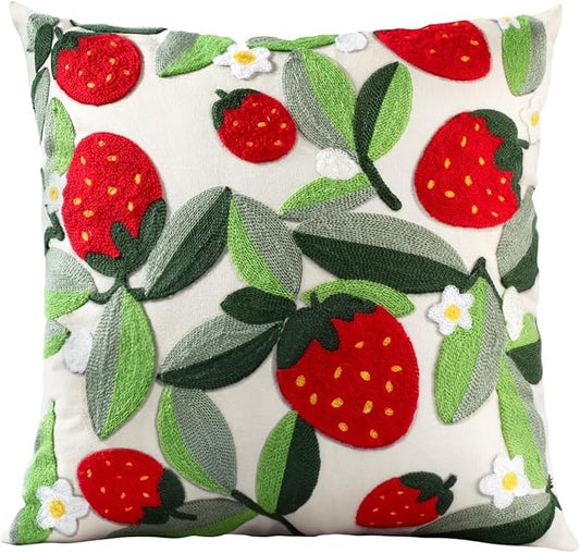 Embroidered Throw Pillow Cover - 20x20 Decorative Pillow Cover with Zipper Aesthetic Cute Design Boho Spring Summer Throw Pillowcase for Living Room Couch Sofa Bed, Leaf Strawberry