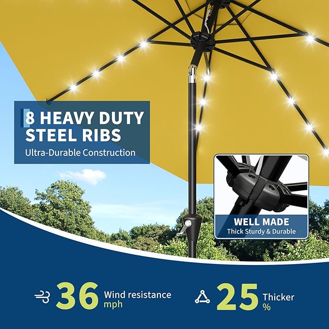Garvee 10FT Solar Patio Umbrella with 32 LED Lights - Outdoor Table Umbrella with Crank Lift, Push Button Tilt and 8 Sturdy Ribs - Market Umbrella UV Protection for Pool, Deck, Yard, Garden -Yellow