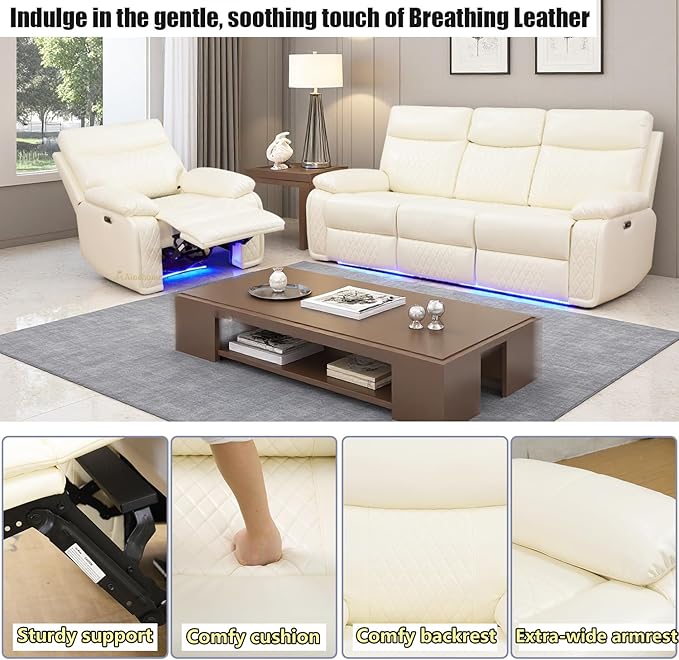 A Ainehome Power Leather Recliner Sofa Set with LED Lights, Recliner Sofa Sectional Couches for Living Room, Reclining Couch, Chair with USB Port/Storage Console