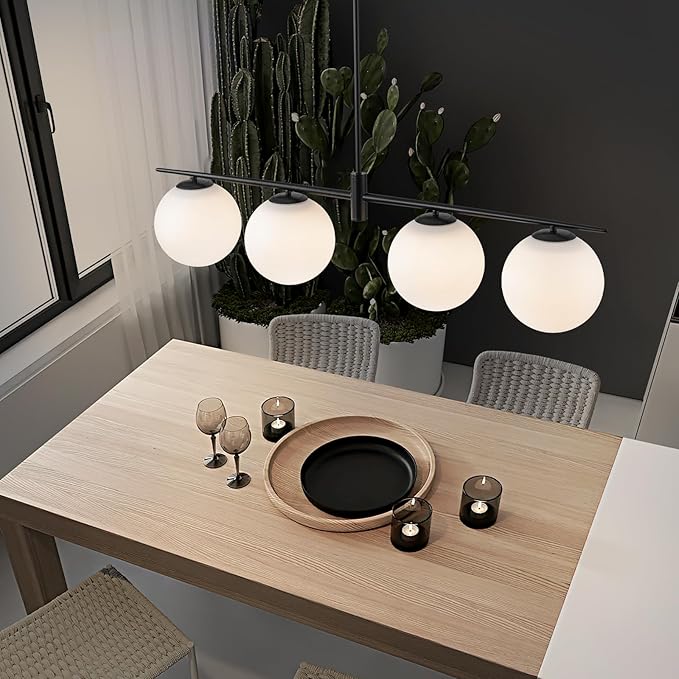 Black 45.3" Linear Chandeliers for Dining Room 4-Lights Milk Glass Globe Large Modern Linear Chandelier for Kitchen Island Living Room, Mid Century Chandelier Light Fixture Over Table