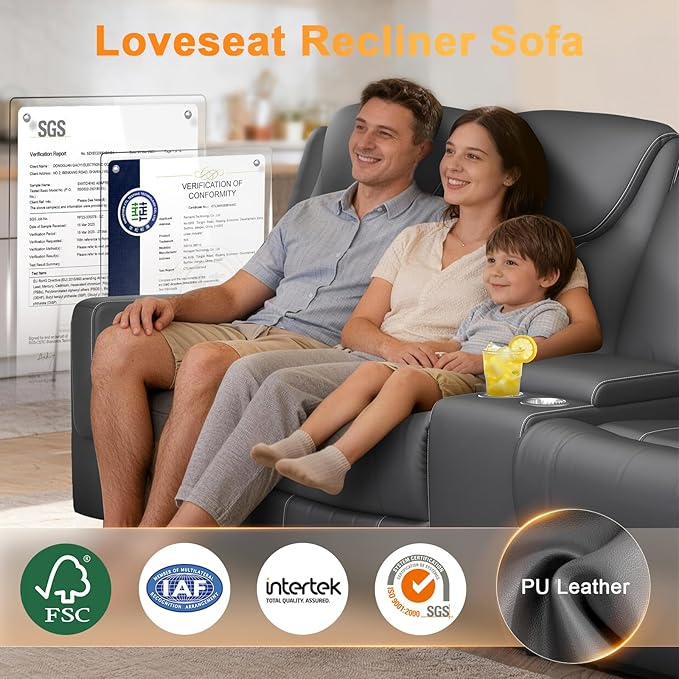 Dresegmt Recliner Sofa, 2 - Way Multi - Function Manual 3 Seater Couch with Cup Holders, Storage & USB Ports, Modern Multifunctional Sofa, Breathable Grey PU Leather Reclining Couch for Living Room