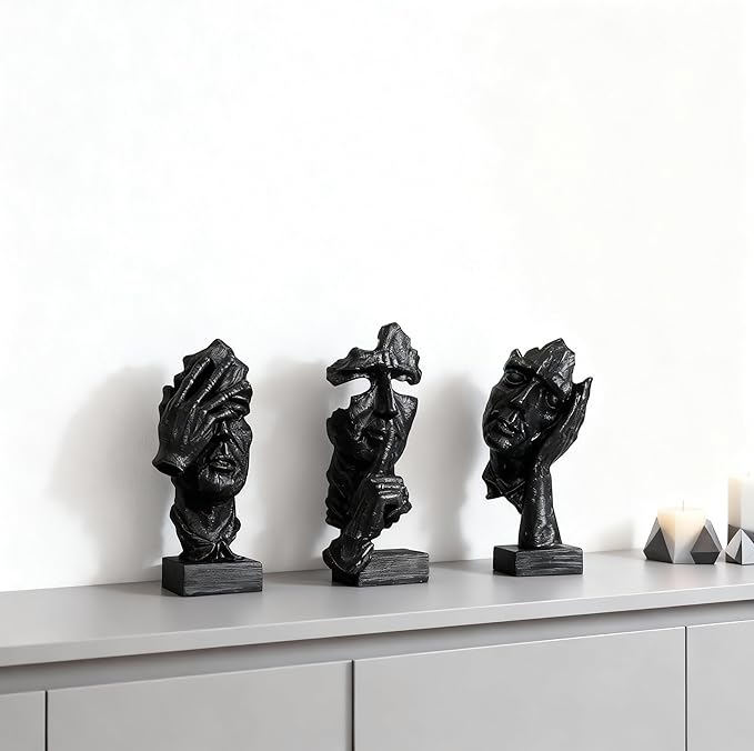 3 Pcs Thinker Statue, Silence is Black Abstract Art Figurine, Modern Home Resin Decorative Objects Decor for Home Office Bookshelf Desktop,No Hear No See No Speak Knick Knacks