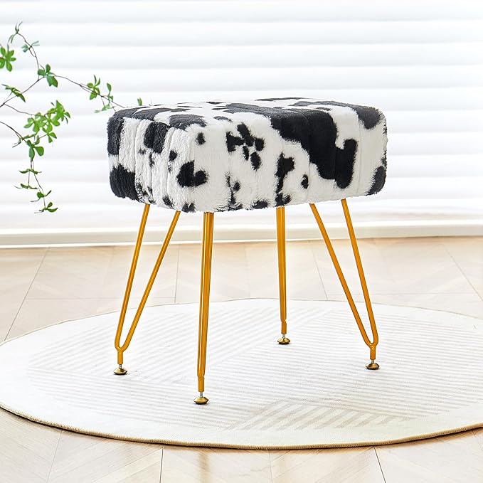 Rectangular Vanity Stool, Faux Fur Makeup Vanity Chair with Golden Metal Legs & Adjustable Feet, Soft Padded Seat Ottoman Foot Stool for Bedroom, Living Room