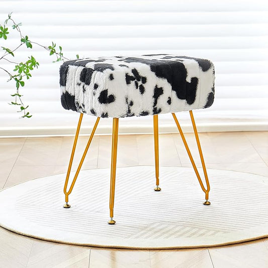Rectangular Vanity Stool, Faux Fur Makeup Vanity Chair with Golden Metal Legs & Adjustable Feet, Soft Padded Seat Ottoman Foot Stool for Bedroom, Living Room