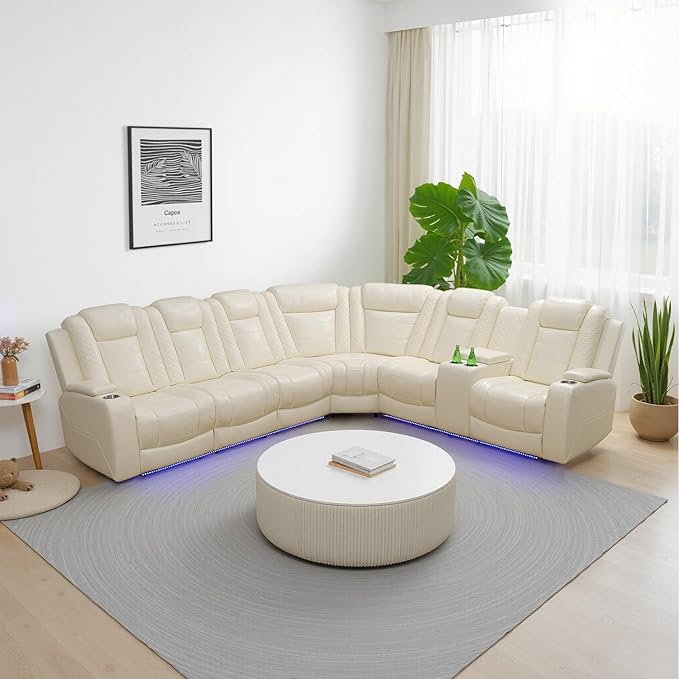 Power Recliner Sectional Sofa with LED Light, Breathing Leather Recliner Sofa Couch with USB Port/Cup Holder/Storage for Living Room (6 Seat Reclining Sectional Couch, Cream White)