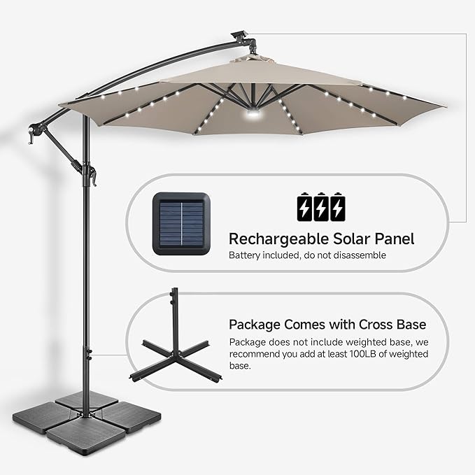 FLAME&SHADE 10ft Solar Cantilever Umbrella with 40 LED Lights, Lighted Large Offset Outdoor Patio Umbrellas, 8 Sturdy Ribs, UPF50+ UV Protection for Pool Deck Garden Yard, Taupe