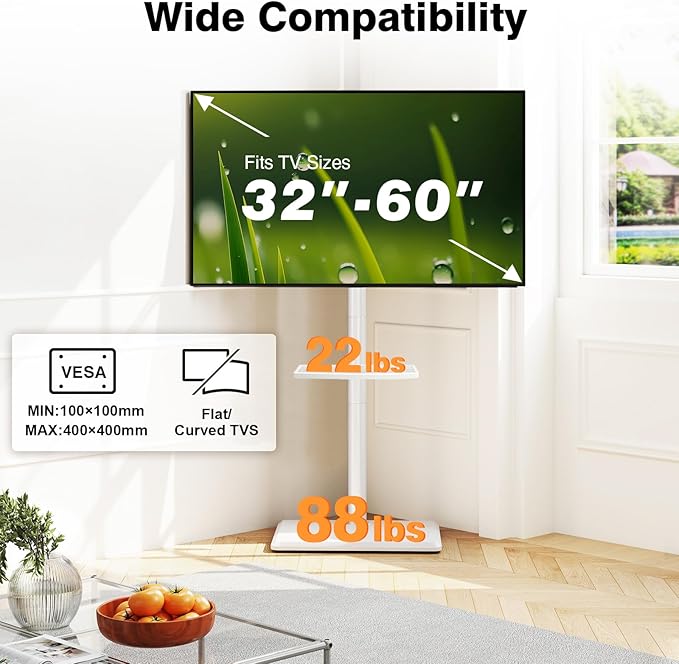 TVON Floor TV Stand with Mount for Most 32-60 Inch Flat/Curved TVs up to 88 lbs, Height Adjustable TV Mount Stand with Wood Base, Swivel TV Stand for Bedroom, Corner & Living Room, Max VESA 400x400mm