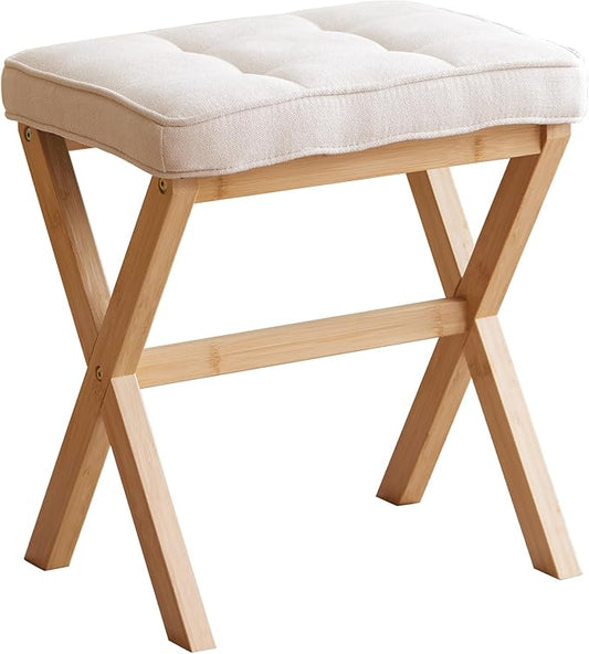 FILWH Foot Stool Small Ottoman Foot Rest Padded Foot Stool Desk for Under Office Desk Vanity Stool Bamboo Footstool Sofa Footrest Shoe Stool Small Foot Stools (Natural Legs + Beige)
