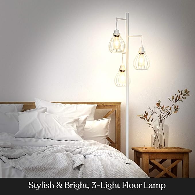Brightech Teardrop LED Floor Lamp - Tree With 3 Elegant Cage Heads & Edison Bulbs - for Living Rooms, Offices & Bedroom Reading - Alpine White