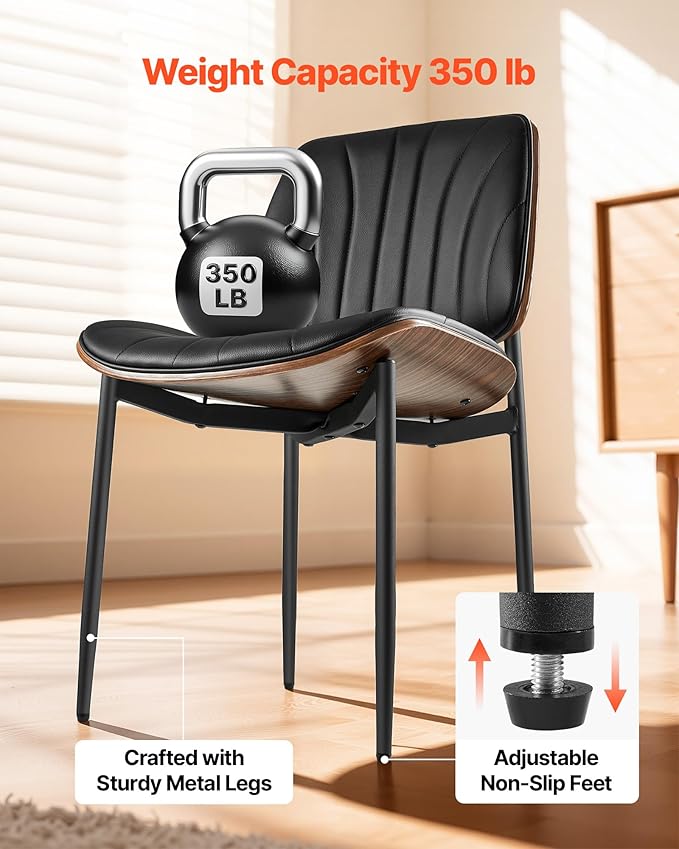 VEVOR Modern Dining Room Accent Chairs Set of 6, Upholstered Leather Side Chair for Dining Room, Space-Saving Kitchen Chair with Thick Cushions and Metal Legs, Black