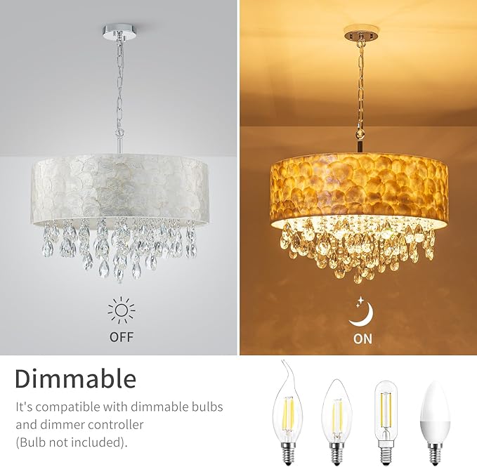 X-Large 6-Light Drum Capiz Shell Crystal Chandeliers, Coastal Style Pendant Light Fixture for Dining Room, Living Room, D24 x H23~71 inch(Adjustable), Shell Lampshade & Chrome Finish