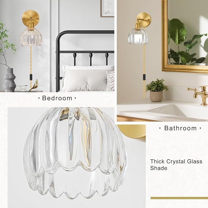 Plug in Wall Sconces Set of 2, Vintage Wall Lamp with 6.5FT Plug in Cord Clear Tulip Glass Shade Decor Indoor, Gold Wall Light for Bedroom Bedside Kids Living Room Bathroom