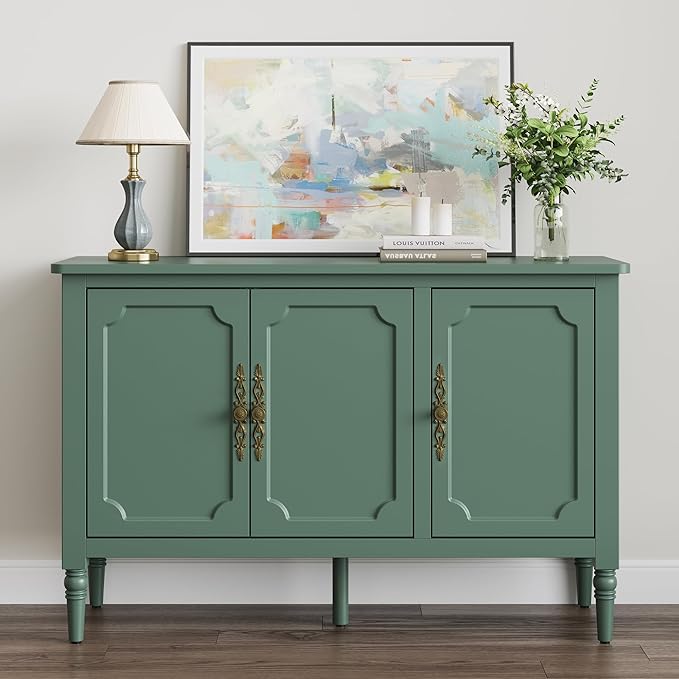RoyalCraft Buffet Sideboard with 3 Doors, Mid-Century Sideboard Cabinet with Adjustable Shelves, Wood Buffet Cabinet with Turned Legs, Accent Cabinets for Entryway, Living Room, Dining Room, Green