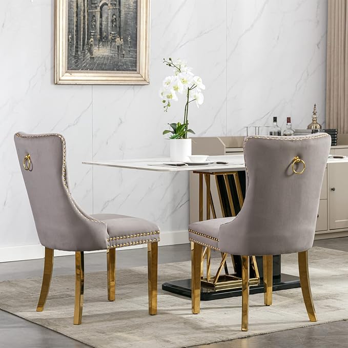 Solid Wood Velvet Upholstered Dining Chair with Golden Stainless Steel Plating Legs,Contemporary Design W/Nailhead Trim,Set of 2,for Living Room,Apartment,Gray and Gold