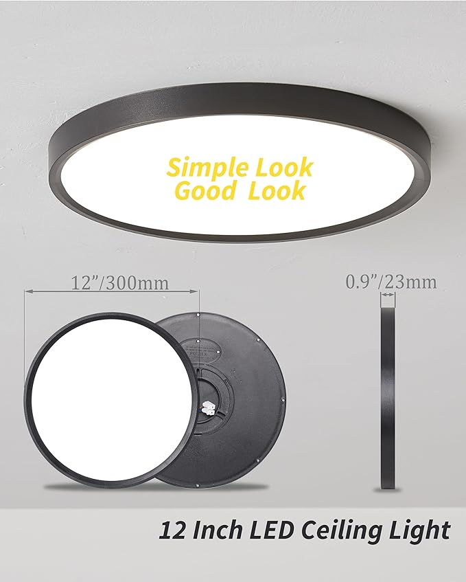 Led Flush Mount Ceiling Light,12 Inch 24w 2520lm Round,3000k,4000k,6000k CCT Selectable,Flat Panel Super Slim Led Ceiling Light Fixture,for Living Dining Kitchen Bedroom Room (12Pack-Black)