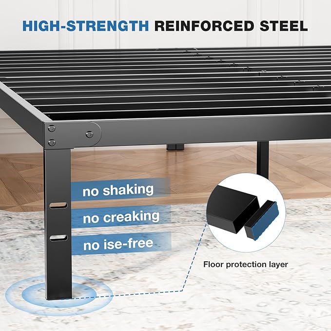 OLIXIS Metal Queen Bed Frame - 14in High with Storage Space, No Box Spring Needed with Sturdy Steel Slat Support, 2200LBS Heavy Duty for Easy Assembly, Black for Bedroom
