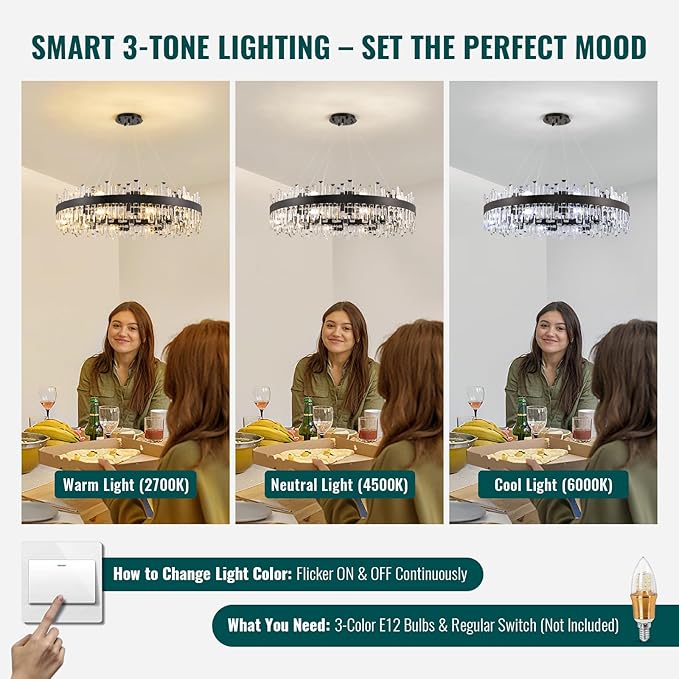 Siljoy Modern Crystal Chandelier Farmhouse Black Round 2-Tiers K9 Crystal Raindrop Chandelier Adjustable Flush Mount Crystal Ceiling Light for Dining Living Room Entryway Foyer E12x20, D39.4''