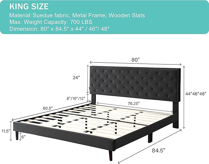 King Upholstered Platform Bed Frame with 48" Tall Adjustable Headboard - Button Tufted Suede Velour Bed- Wood Slat Support with Storage Space- No Box Spring Needed - Black - OLIVER & SMITH - Princeton