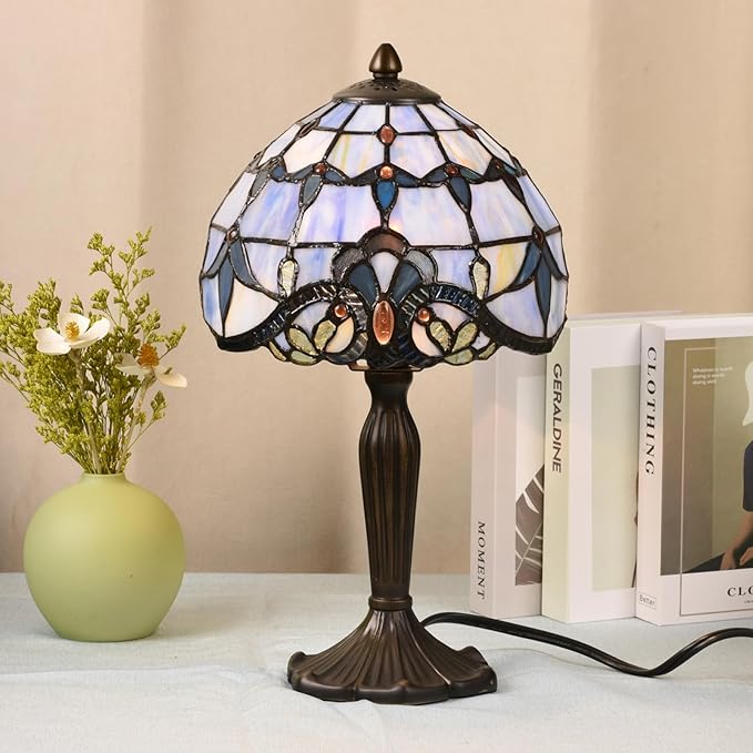 TL0006 Small Tiffany Lamp Baroque Design Handcrafted Stained Glass Table Lamp for Small Space Bedroom Bedside Nightstand Home Office, 8" W x 14.25" H, LED Bulb Included (Blue Baroque)