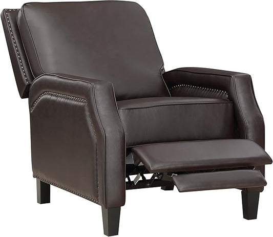 Lexicon Pushback Recliner Chair, Faux Leather Armchair Push Back Recliner, Nailhead Trim, Solid Wood Legs, Easy Assembly for Living Room/Office/Apartment, Dark Brown