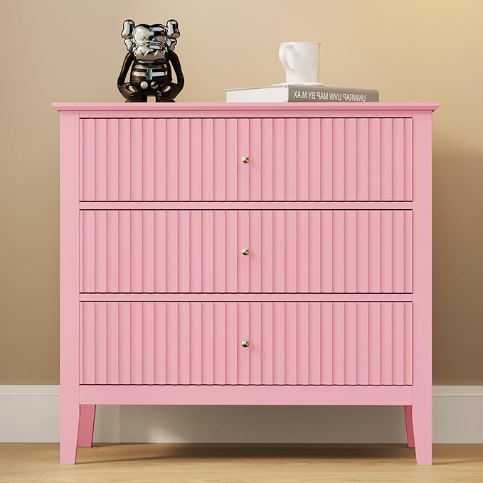 Large Pink 3 Drawer Dresser, Painted 30 Inch Tall Wood Nightstand with Storage, Wide Modern Chest of Drawers with Ball Bearing Slide for Bedroom Hallway Living Room Entryway Office