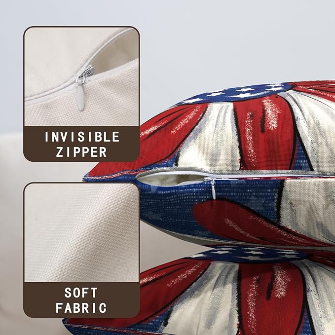 4th of July Outdoor Pillow Covers 16x16 Set of 2 Patriotic Stars Fireworks Throw Pillow Covers Independence Memorial Day Red White Flower Decorative Cushion Cases for Couch Sofa