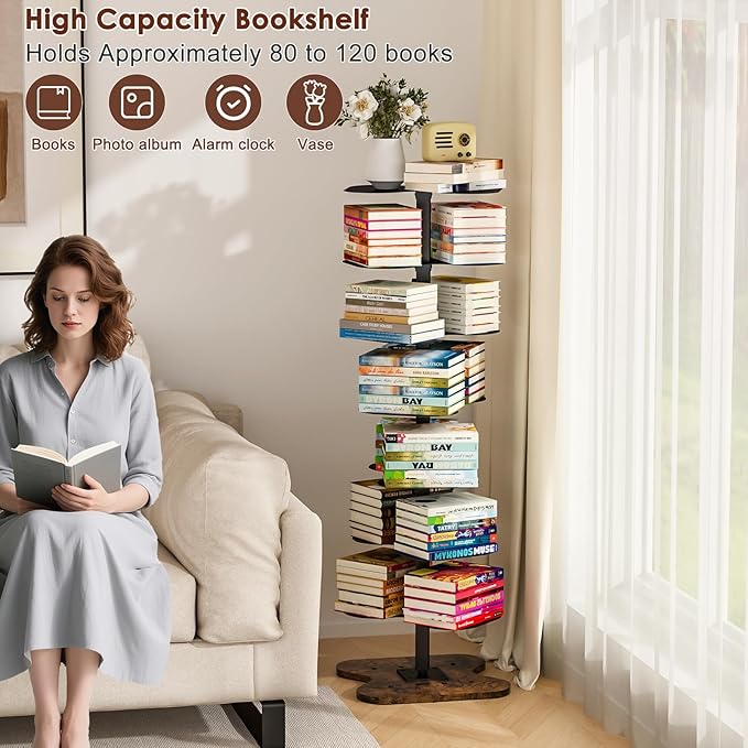 7 Tier Rotating Bookshelf, 360° Display Spinning Bookcase, Metal Corner Bookcases Storage Rack, Tall Floor Standing Revolving Bookshelves Narrow Book Shelf Organizer for Home Office, Black