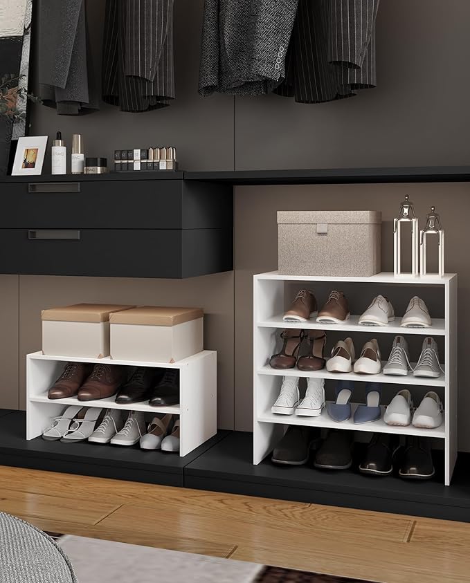 2-Tier Stackable White Shoe Rack, Wooden 2-Shelf Shoe Organizer Freestanding Shoe Storage Stand for 6-9 Pairs, Perfect for Closet, Entryway, Office Use - Modern White
