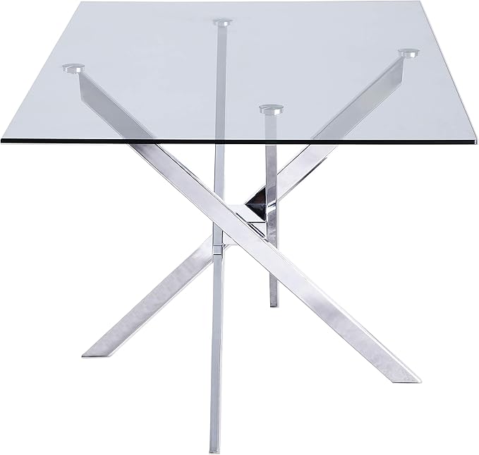 Meridian Furniture Xander Collection Modern | Contemporary Tempered Glass Top Dining Table with Durable Metal Base, 60" W x 36" D x 30" H, Silver Finish