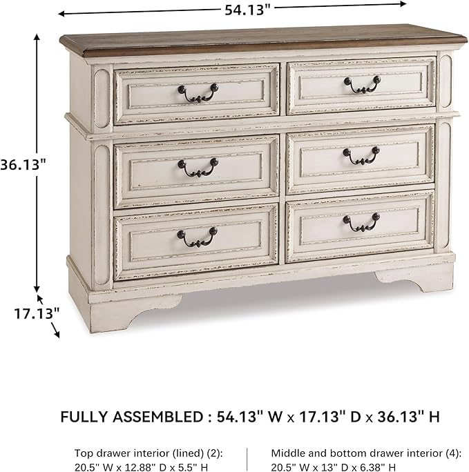 Signature Design By Ashley Realyn French Country Youth 6 Drawer Dresser, Chipped White & Brown