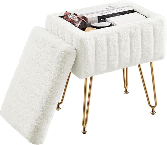 DUMOS Vanity Stool Chair Ottoman with Storage, Makeup Cute Soft Small Footstool Modern Style Faux Fur Seat with 4 Metal Legs & Adjustable Feet for Dressing Living Room Bedroom Dorm