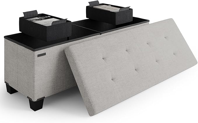 Storage Ottoman Bench with Bins, 43-in Storage Bench for Bedroom End of Bed, Folding Foot Rest Ottoman for Living Room Max 660lbs, Fabric Ottomans, Light Grey