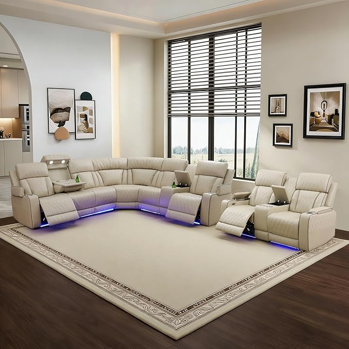 Power Leather Recliner Sectional Sofa with LED Light,L Shaped Reclining Couch with USB Charger/Cup Holder/Storage,Leather Sofa for Living Room Furniture Sets(Beige,Sectional+2 Seats)